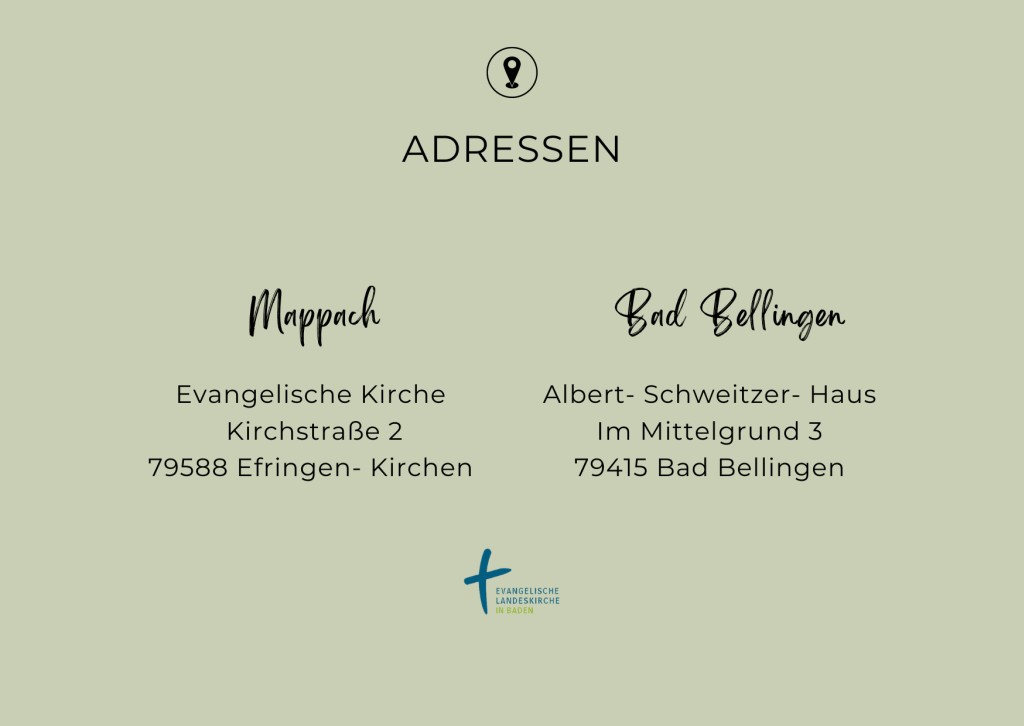 Abschieds- und Einführungsgottesdienst, 8. September 2024. 16:00 Uhr Verabschiedung Markus Stisi in Mappach und Einführung Anna Wollesen. 17 Uhr Verabschiedung Anna Wollesen und Einführung Markus Stisi in Bad Bellingen. Anschließend gemeinsamer Apero.