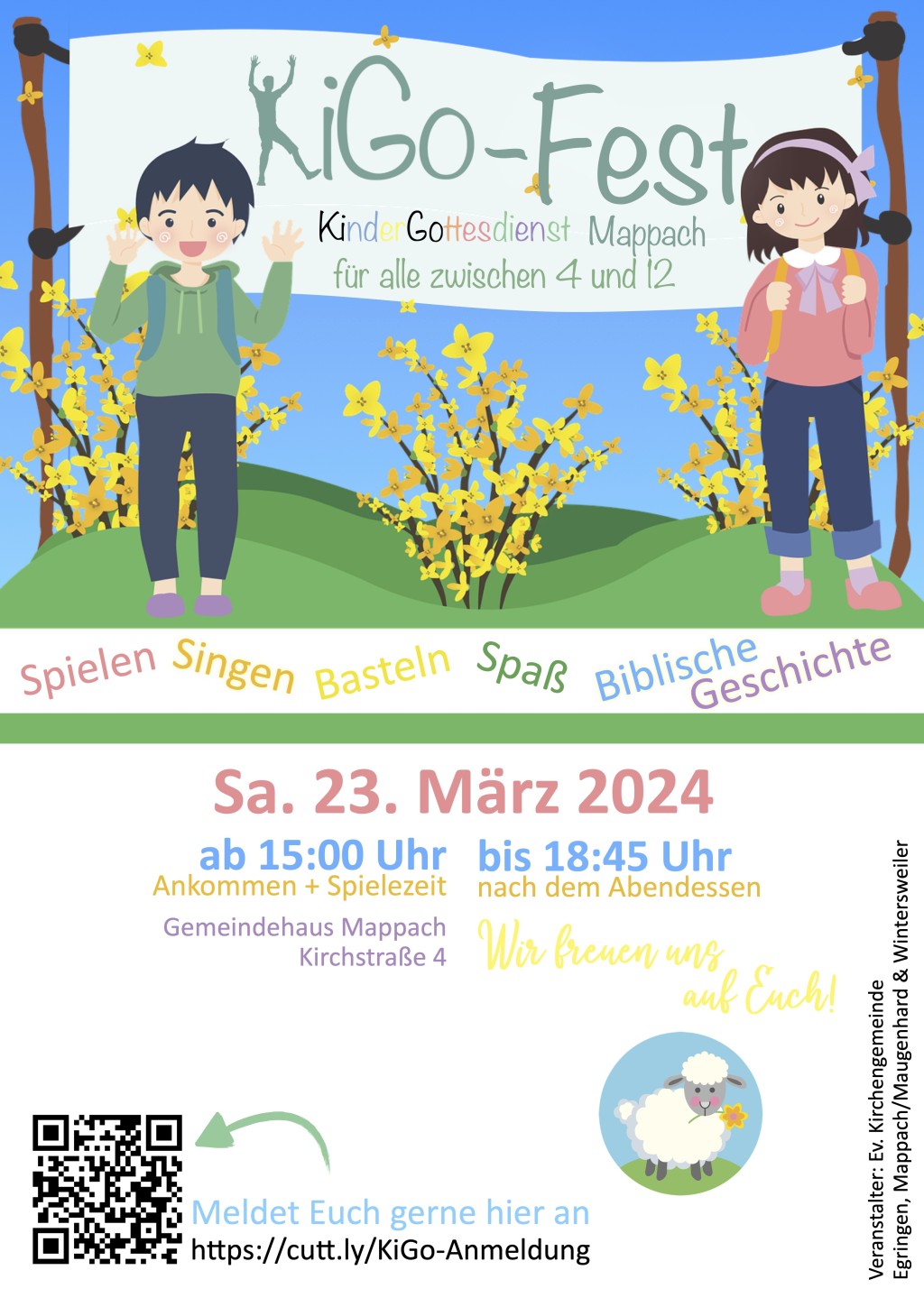 KiGo-Fest. Kinder Gottesdienst Mappach für alle zwischen 4 und 12. Samstag, 23. März 2024. Ab 15:00 Uhr Ankommen + Spielezeit. Bis 18:45 Uhr nach dem Abendessen. Gemeindehaus Mappach, Kirchstraße 4.
