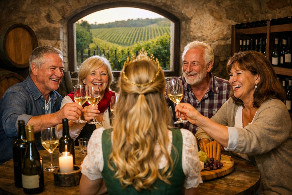 Vier Senioren sitzen um einen runden Tisch in einem Weinkeller und stoßen mit der Weinprinzessin an.
